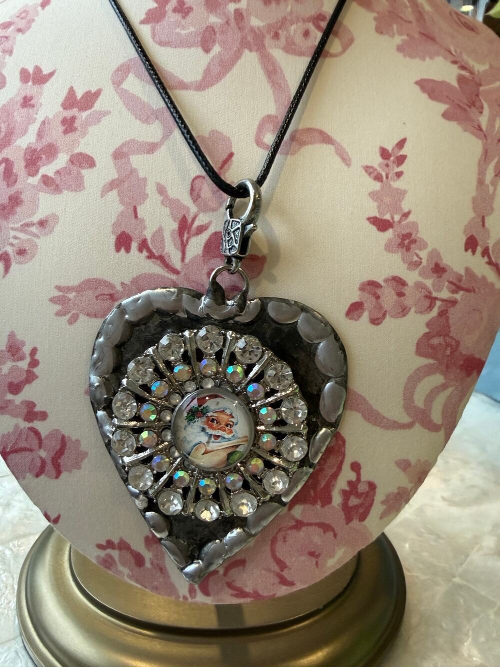 Santa Christmas St. Nicholas Art Necklace w Pendant Sparkly Vintage Style